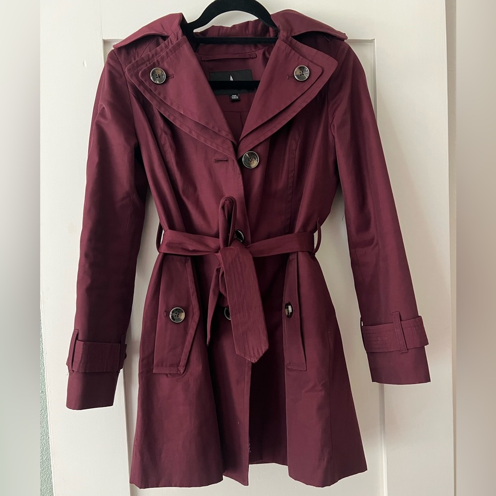 London Fog Classic Belted Trench Rain Coat Hooded - Burgundy